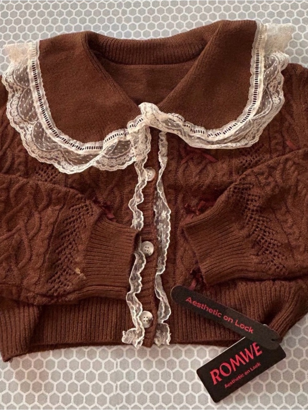 NWT ROMWE Brown Sweater Cardigan with Cream Lace Collar Cropped   Size M